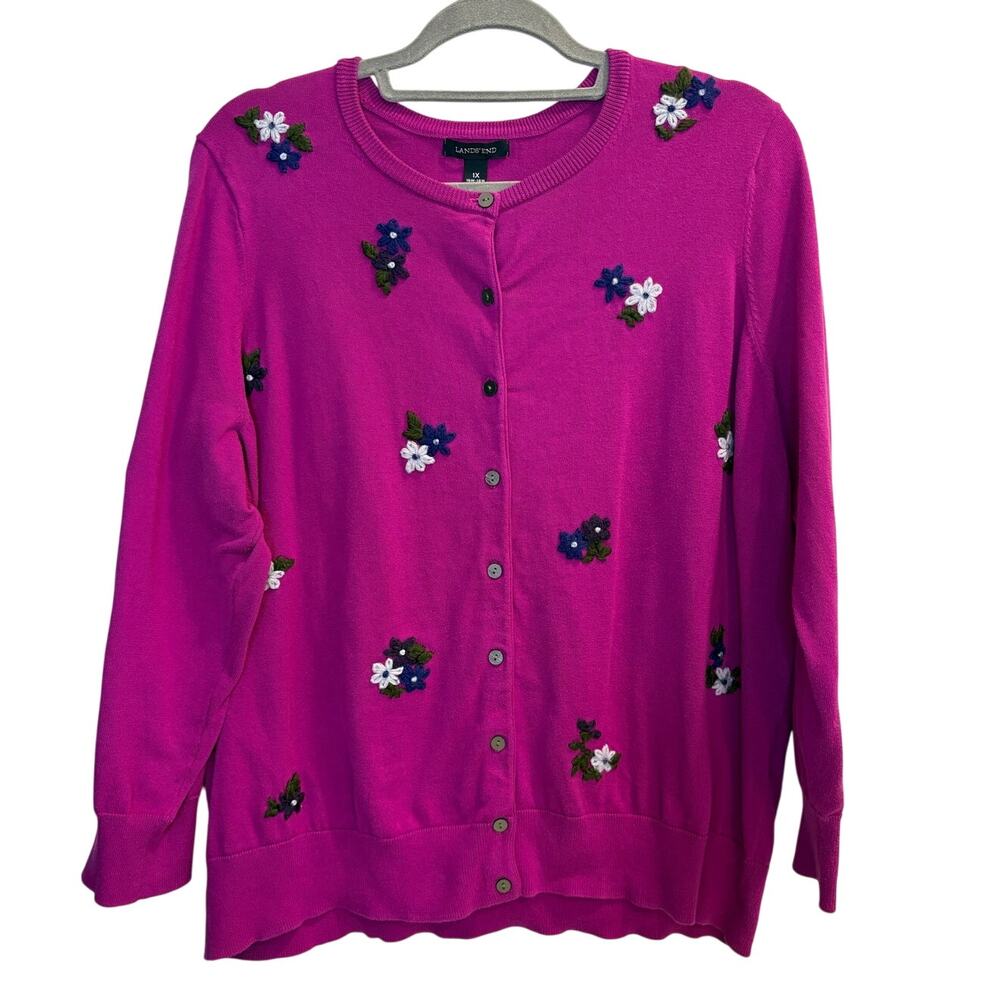 Lands' End Size 1X 16 18 PLUS Magenta Embroidered Flowers Cardigan Sweater